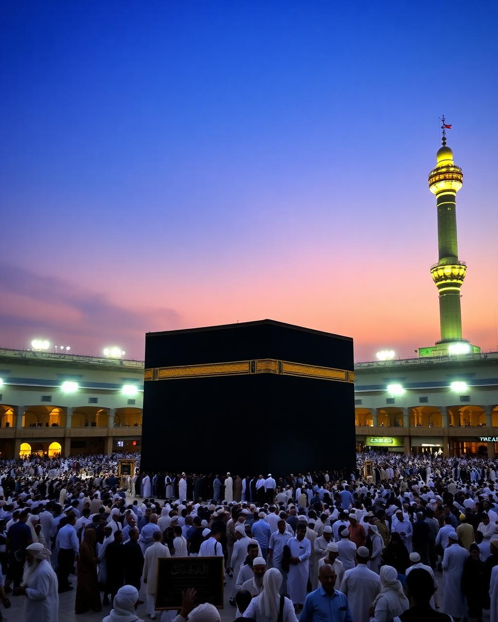 The Kaaba in Masjid al-Haram, Makkah, at dusk surrounded by pilgrims