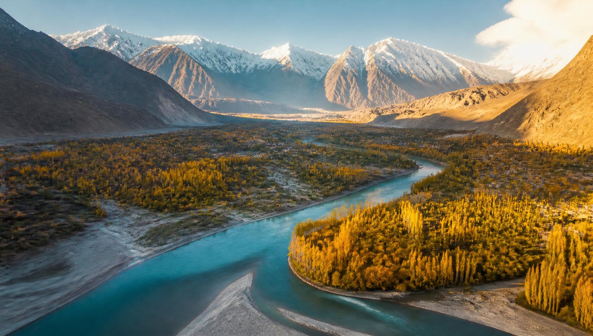 Skardu valley with the Indus river and Karakoram mountains at golden hour