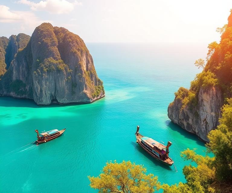 Krabi cliffs and longtail boats in Thailand