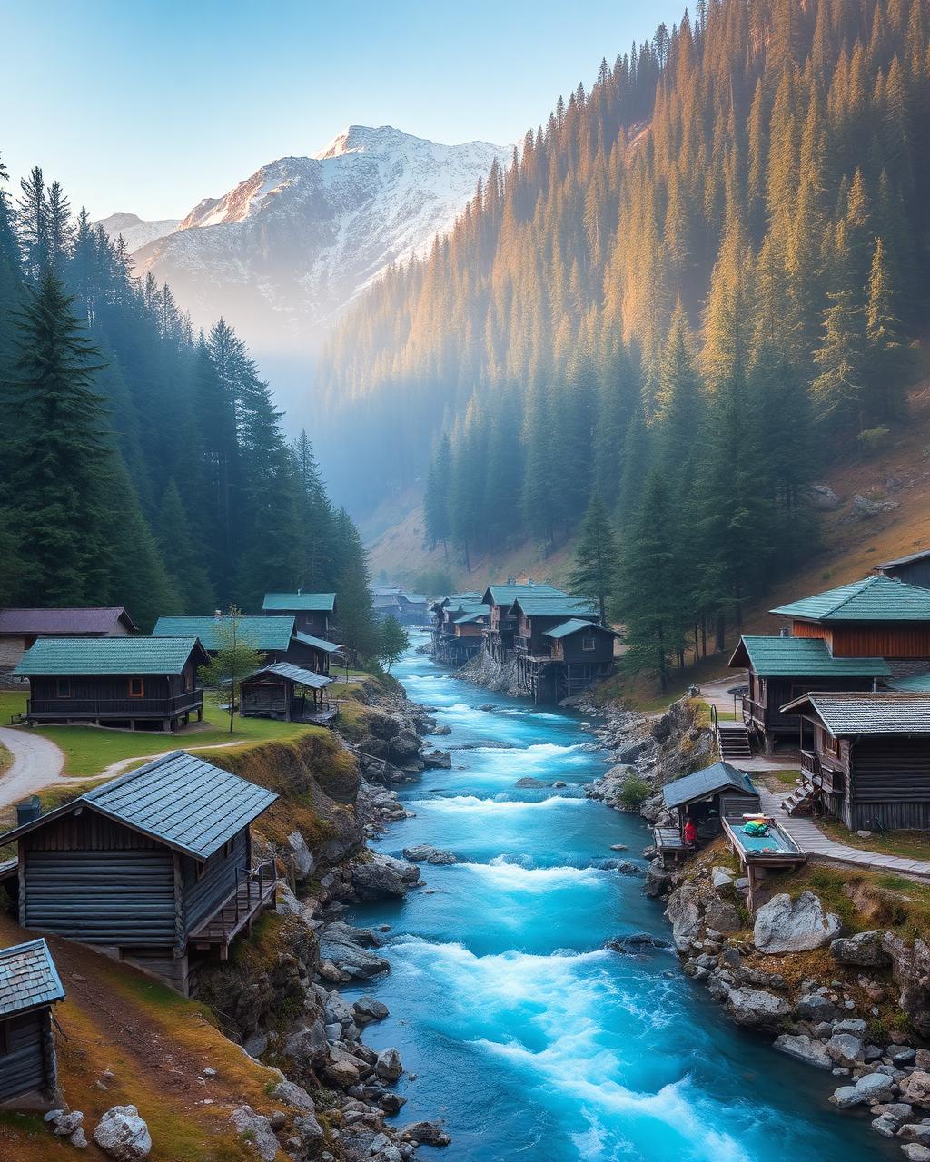 Wooden cottages along the turquoise Neelum river in Azad Kashmir