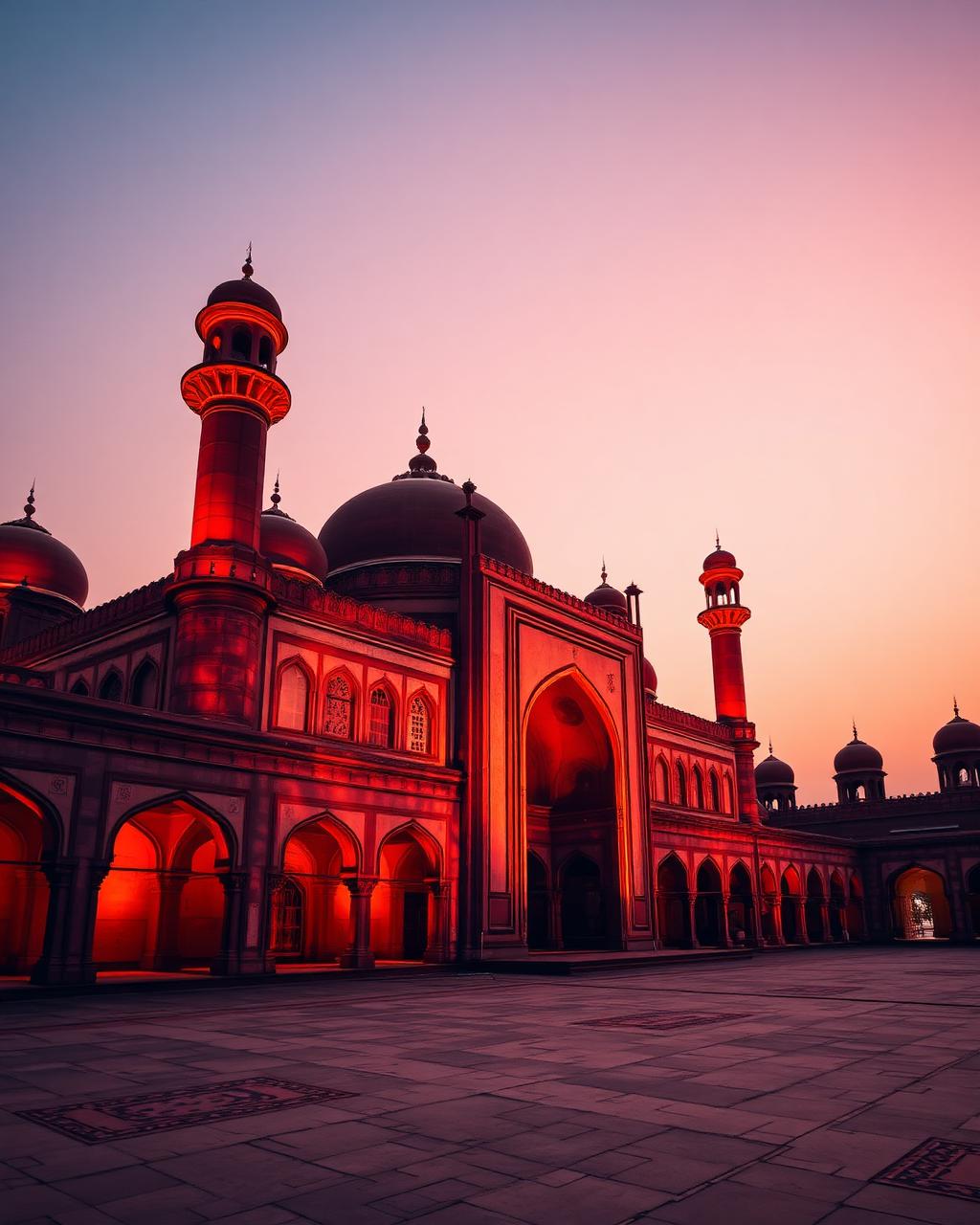 Badshahi Mosque in Lahore glowing at dusk