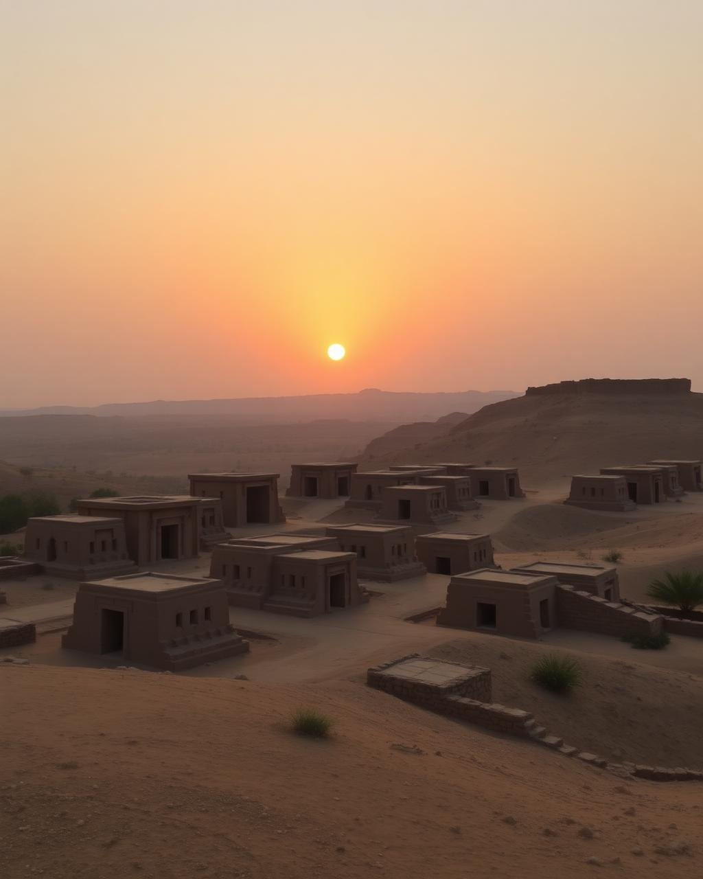 Ancient carved sandstone tombs of Makli necropolis in Sindh at sunset
